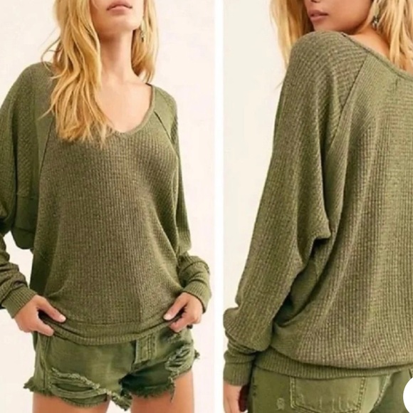 Free People Santa Clara Thermal Oversized Relaxed Sweater Olive Green Sz XS - Picture 2 of 6